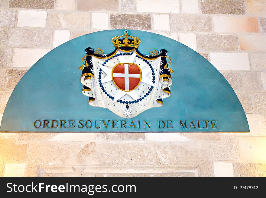 Coat of Arms of the Sovereign Military Order of Malta in the Grand Master Palace at Rhodes island, Greece. Coat of Arms of the Sovereign Military Order of Malta in the Grand Master Palace at Rhodes island, Greece