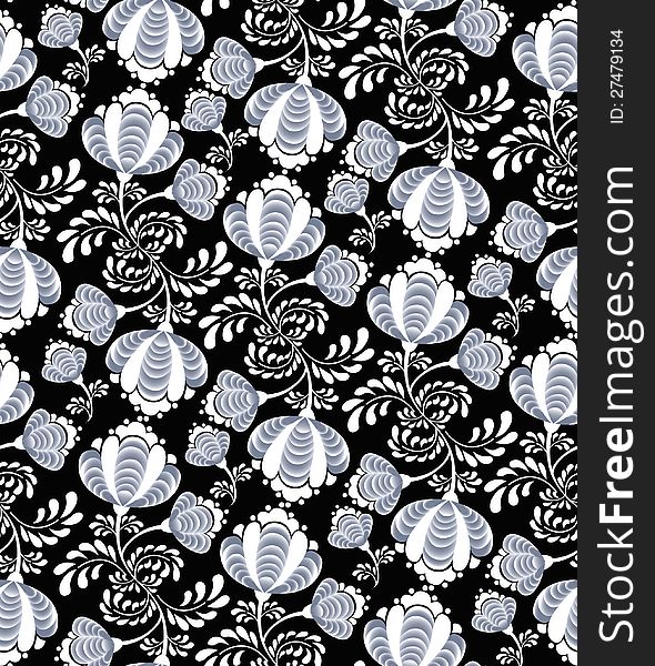 Floral pattern seamless. Flower  motif on black background. Elegant wallpaper.