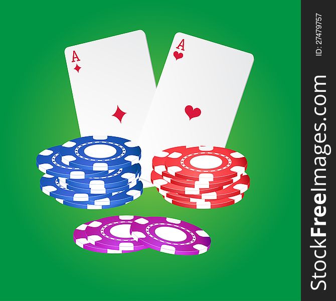 Casino elements.Poker cards and chips (blue, red,violet).