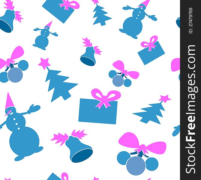 Illustration. Seamless christmas structure. A fir-tree, a hand bell, Christmas tree decorations, a gift, a snowman in dark blue and pink color on a white background. Illustration. Seamless christmas structure. A fir-tree, a hand bell, Christmas tree decorations, a gift, a snowman in dark blue and pink color on a white background.
