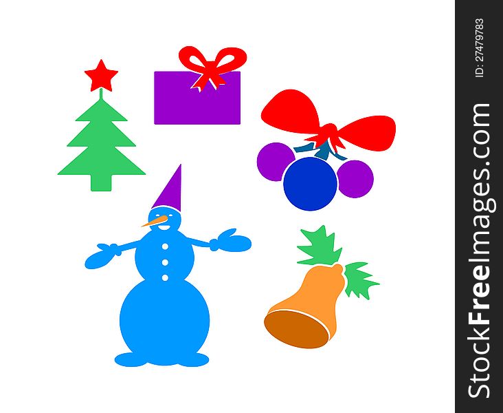 Illustration. Set of colored christmas pictures. A snowman, a fir-tree with an asterisk, New Year toys, a hand bell, a gift on a white background. Red, green, violet, dark blue, orange. Illustration. Set of colored christmas pictures. A snowman, a fir-tree with an asterisk, New Year toys, a hand bell, a gift on a white background. Red, green, violet, dark blue, orange.