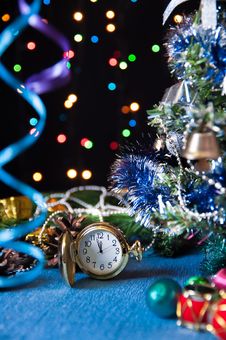Watch, Toys,a Decorated  Tree,on A Black Stock Photos