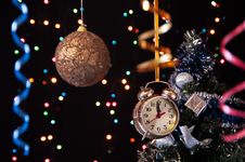 Ball,clock,serpentine, Decorated Tree On A Black Royalty Free Stock Photography Ball,clock,serpentine, Decorated Tree On A Black Royalty Free Stock Photography