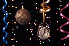 Clock,serpentine,Christmas Ball On A Black Royalty Free Stock Photography Clock,serpentine,Christmas Ball On A Black Royalty Free Stock Photography