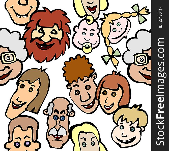 Seamless background with diversity of doodle smiling faces. Seamless background with diversity of doodle smiling faces