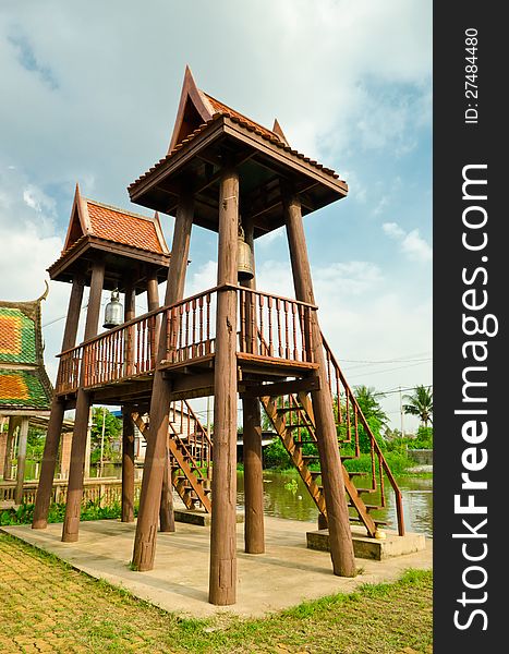 Twin wooden bell towers in buddhist temple of thailand. Twin wooden bell towers in buddhist temple of thailand