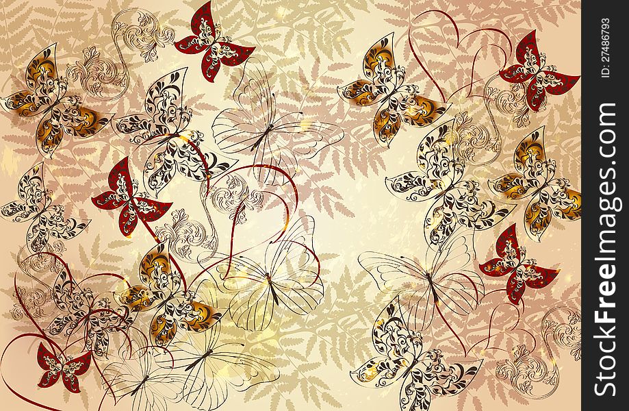 Floral vector Elegant vector background with butterflies in vintage style