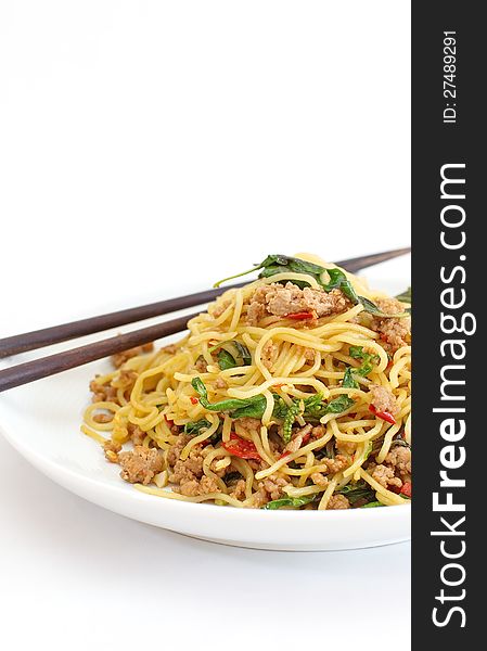Fried noodle with basil leave is thai spicy food