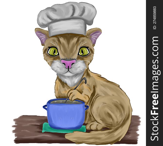 Hand drawn, cute cat cooking