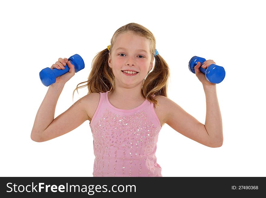 The teenager is working out with dumb-bells on the white background. The teenager is working out with dumb-bells on the white background