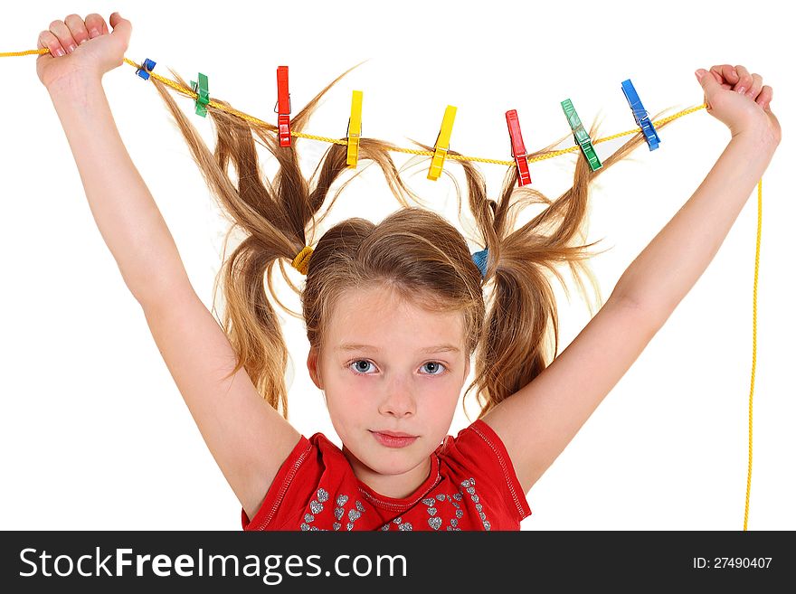 Girl with paperclips in hair on the white background