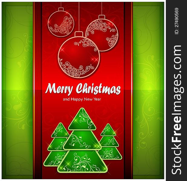 Balls and fir trees on red and green color background & text, vector illustration. Balls and fir trees on red and green color background & text, vector illustration