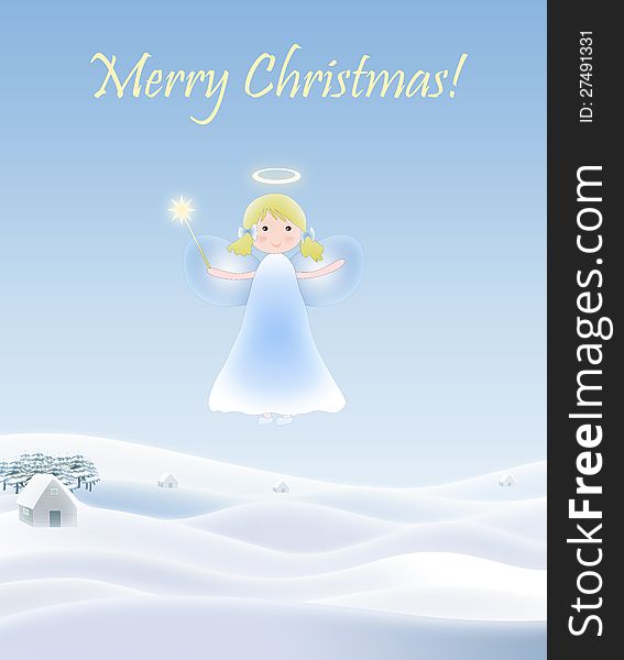 A Christmas Angel or fairy flying over Earth in the Holy Night. Christmas card illustration with Merry Christmas text. A Christmas Angel or fairy flying over Earth in the Holy Night. Christmas card illustration with Merry Christmas text.