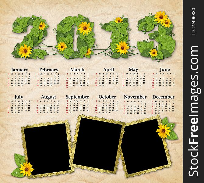 Vintage calendar 2013 with a template for photo edges