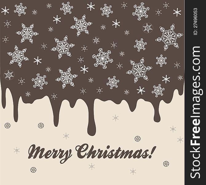 Christmas background with chocolate pie elements and snowflakes