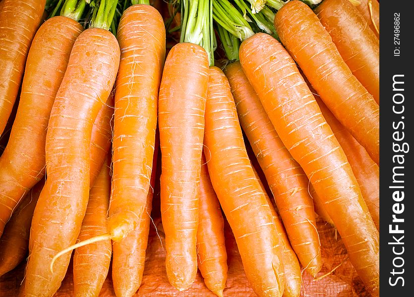 Fresh organic carrots on market stalls