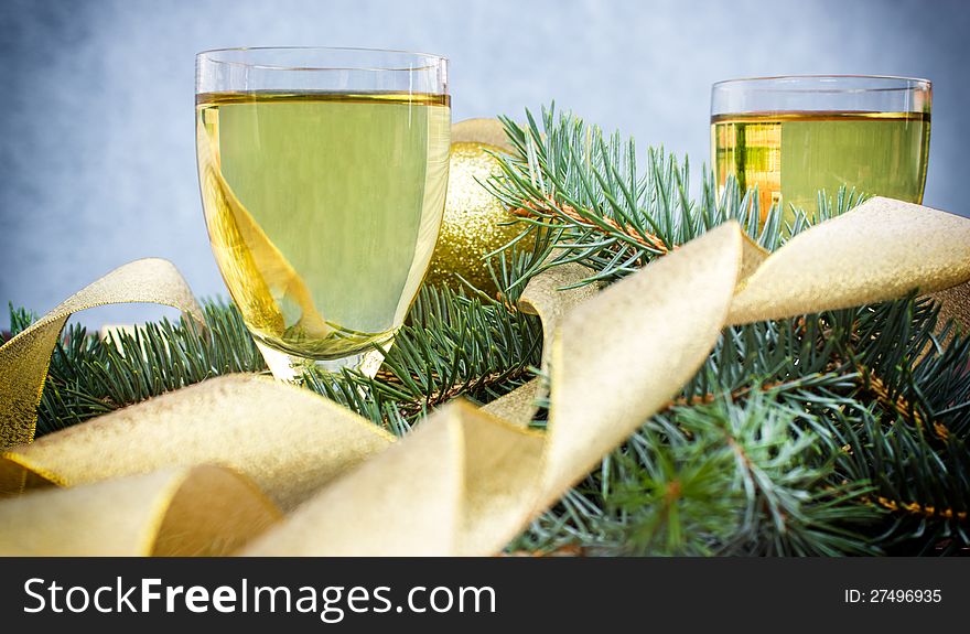Christmas decoration with glasses on the table. Christmas decoration with glasses on the table