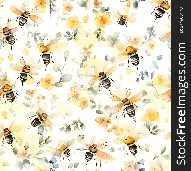 AI Generated Image & X28 Under Commercial License& X29 . Watercolour Bees Yellow Pattern.