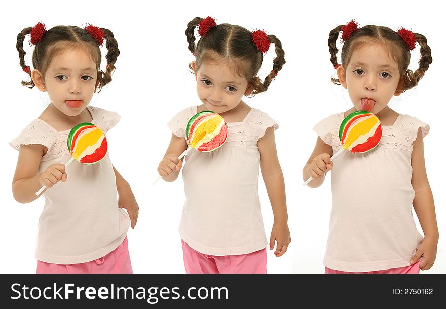 Little girl holding a lollipop with different expressions and emotions. Little girl holding a lollipop with different expressions and emotions.