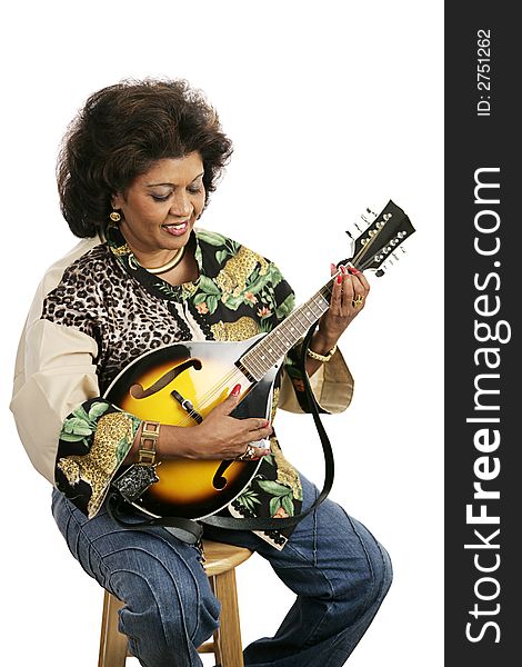 A pretty ethnic woman playing a mandolin.  Isolated on white. A pretty ethnic woman playing a mandolin.  Isolated on white.