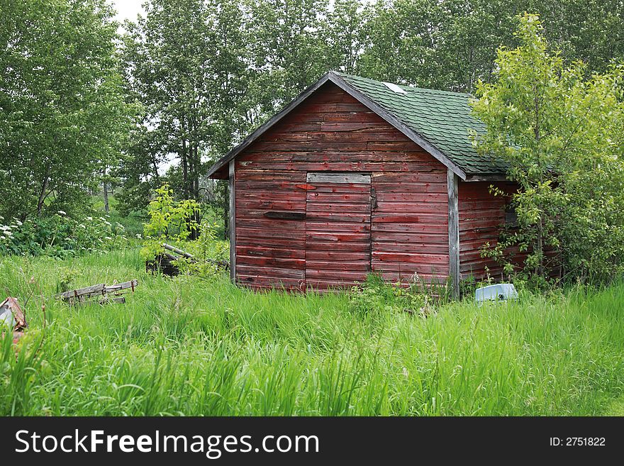 An old abandoned red granary on abandoned farm site. An old abandoned red granary on abandoned farm site.