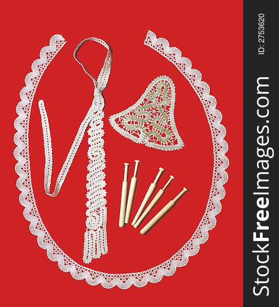Embroidery of the products: tie, campanula, instrument, adjustment, lace