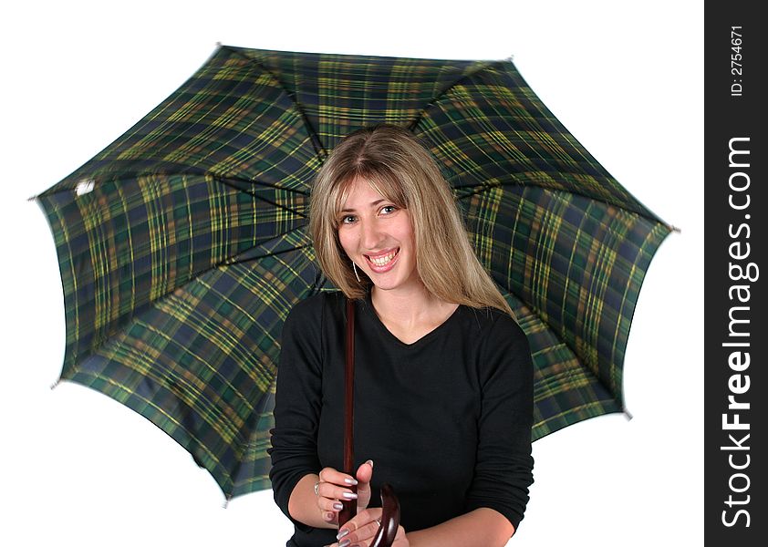 Beauty blonde girl with an umbrella on white background