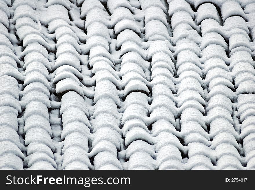 A tiles roof plenty of snow. A tiles roof plenty of snow