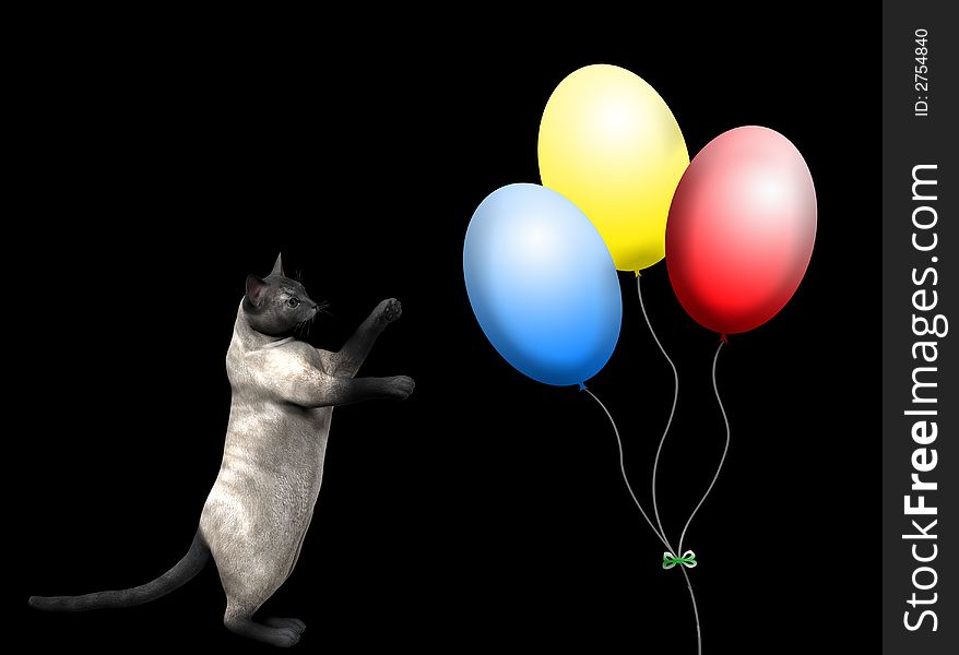 Cat playing with balloons against a black background