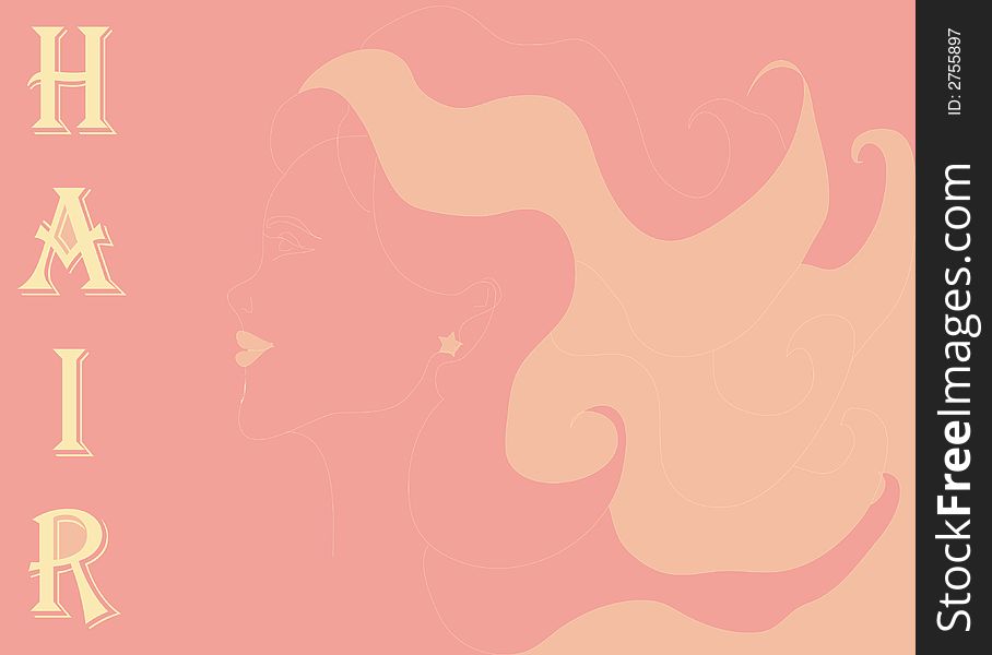 Graphical illustration of face and hair of woman , on background pink .