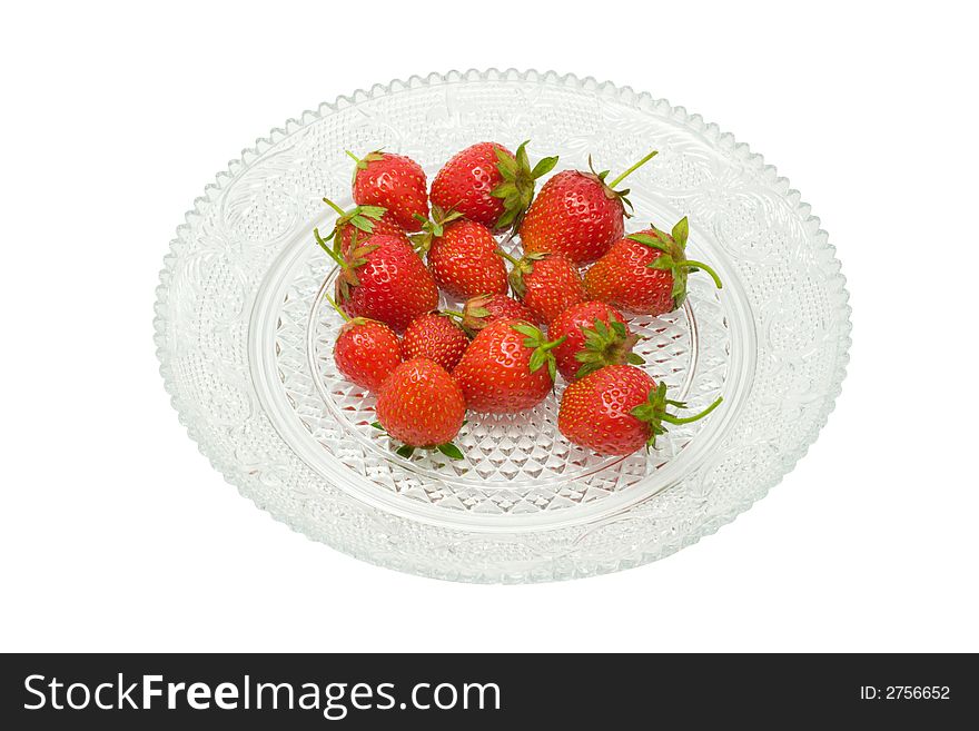 Strawberries on a glass dish, isolated on white background. Strawberries on a glass dish, isolated on white background