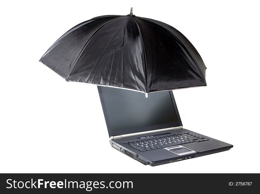 Portable computer under umbrella on white background. Portable computer under umbrella on white background