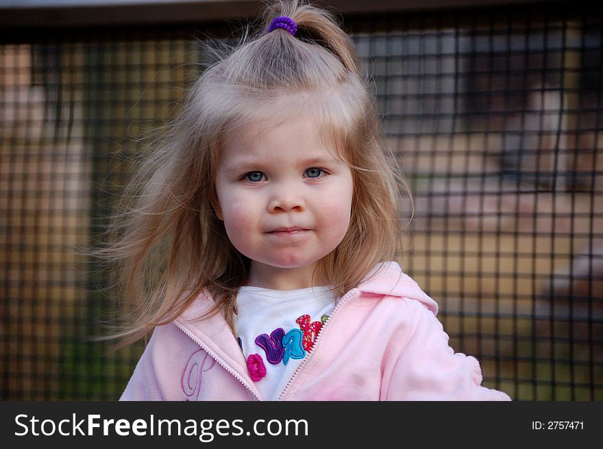 Two year old girl in pink looking straight into the camera. Two year old girl in pink looking straight into the camera.