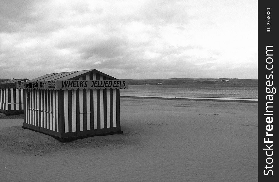 Closed beach stall on Weymouth beach, Dorset, England. Closed beach stall on Weymouth beach, Dorset, England