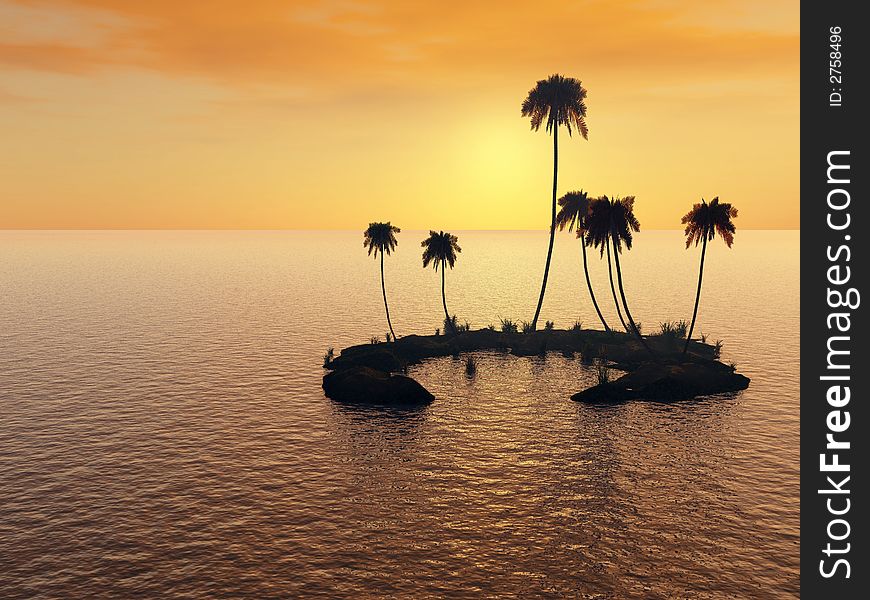 Sunset coconut palm trees on small island - 3d illustration.