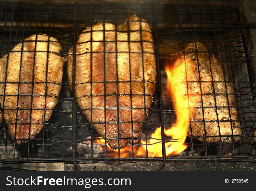 Fish Preparing On Fire, Grill.