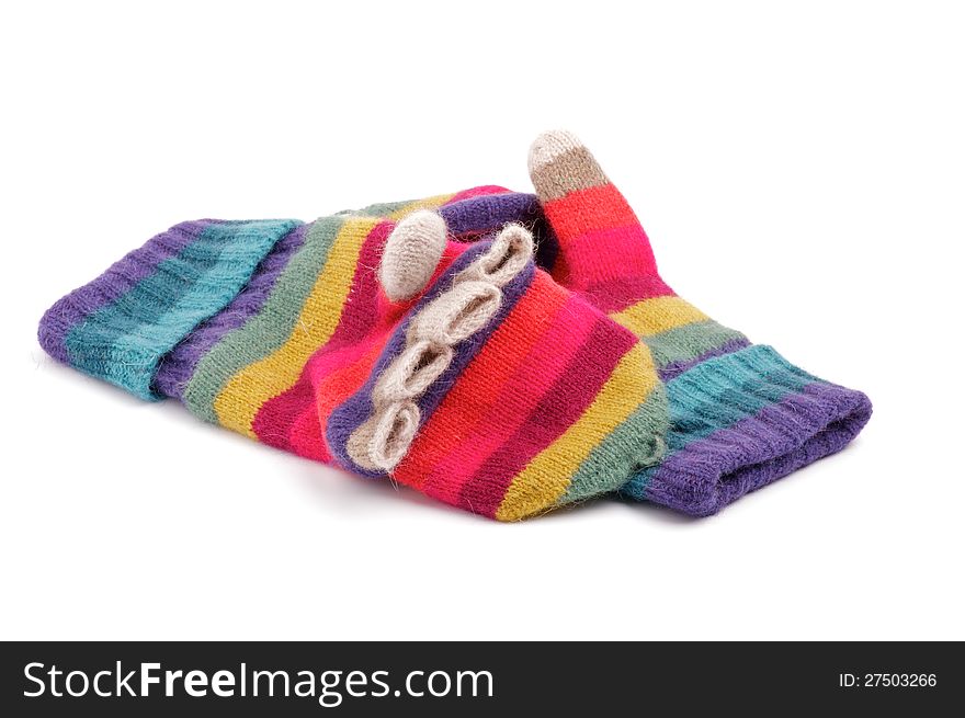 Multi Colored Wool Gloves with Fingers  on white background. Multi Colored Wool Gloves with Fingers  on white background