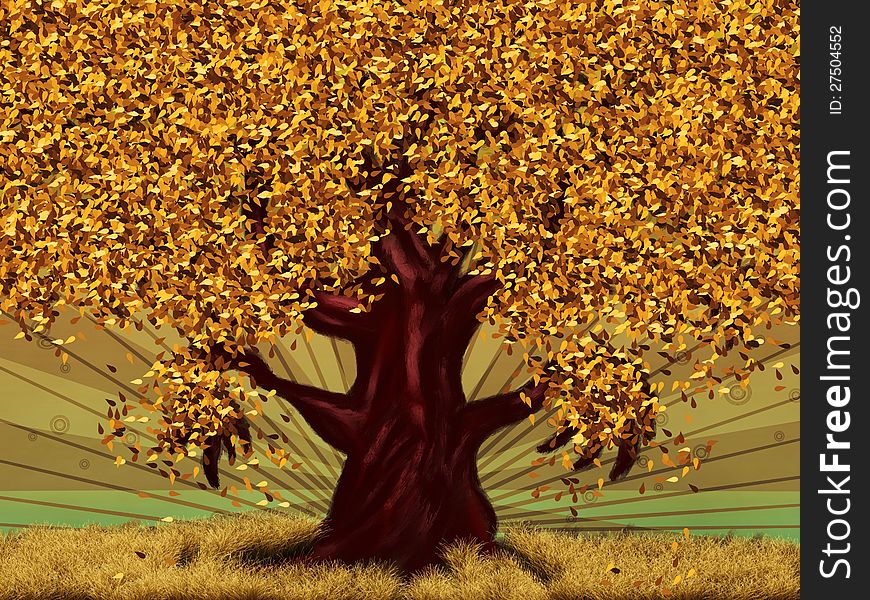 Abstract digital illustration of big fantasy tree at autumn season. Abstract digital illustration of big fantasy tree at autumn season.