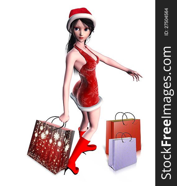 Illustration of a girl in christmas dress holding gift bag. Illustration of a girl in christmas dress holding gift bag.