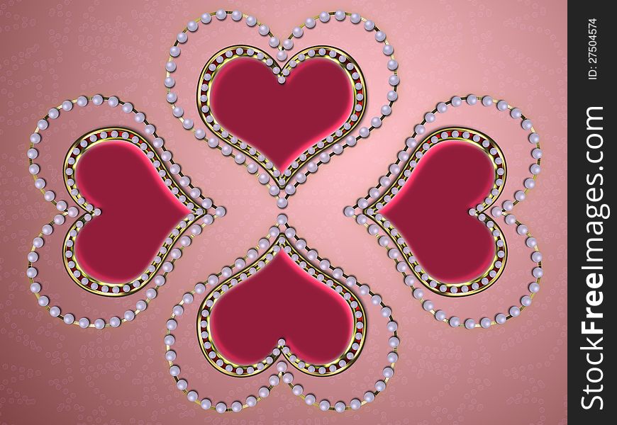 Illustration of four heart shaped pink pearls and golden jewelry background. Illustration of four heart shaped pink pearls and golden jewelry background.