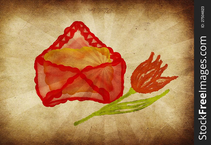 Illustration of painted red envelope and tulip grunge background. Illustration of painted red envelope and tulip grunge background.