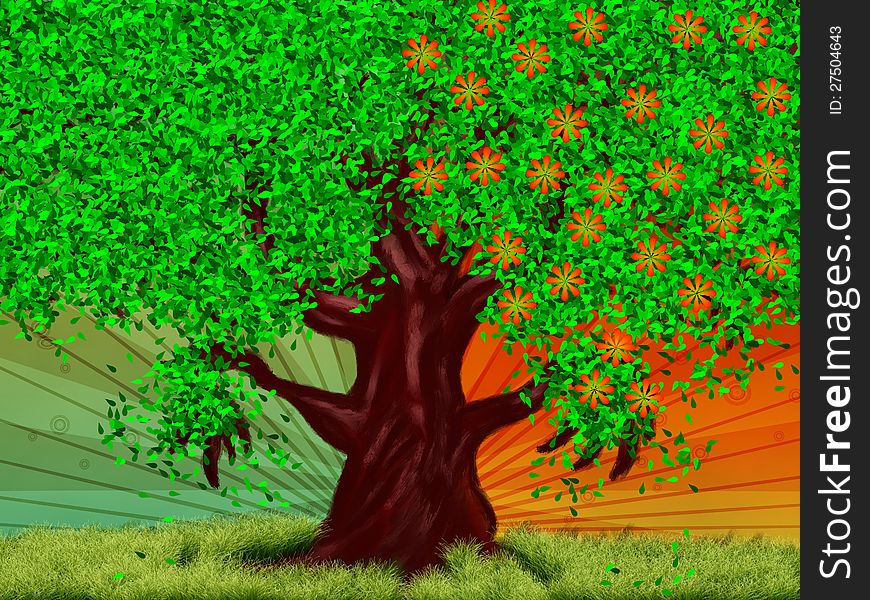 Abstract digital illustration of big fantasy tree at spring and summer. Abstract digital illustration of big fantasy tree at spring and summer.