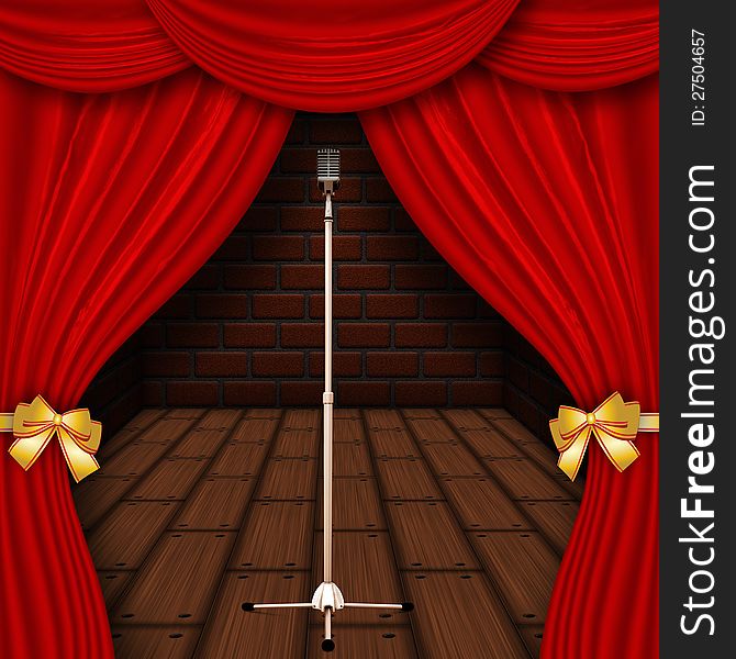 Illustration of retro stage microphone behind red curtains. Illustration of retro stage microphone behind red curtains.