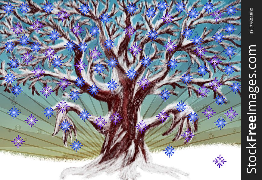 Illustration of season tree with colorful snowflakes background. Illustration of season tree with colorful snowflakes background.