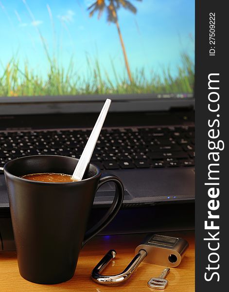 Coffee cup and key your computer. Coffee cup and key your computer