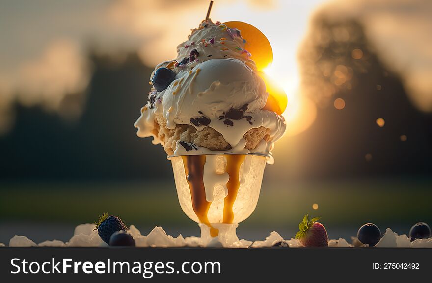 An AI generated illustration of a luscious summer ice cream sundae, the perfect treat for warm, sunlit days.