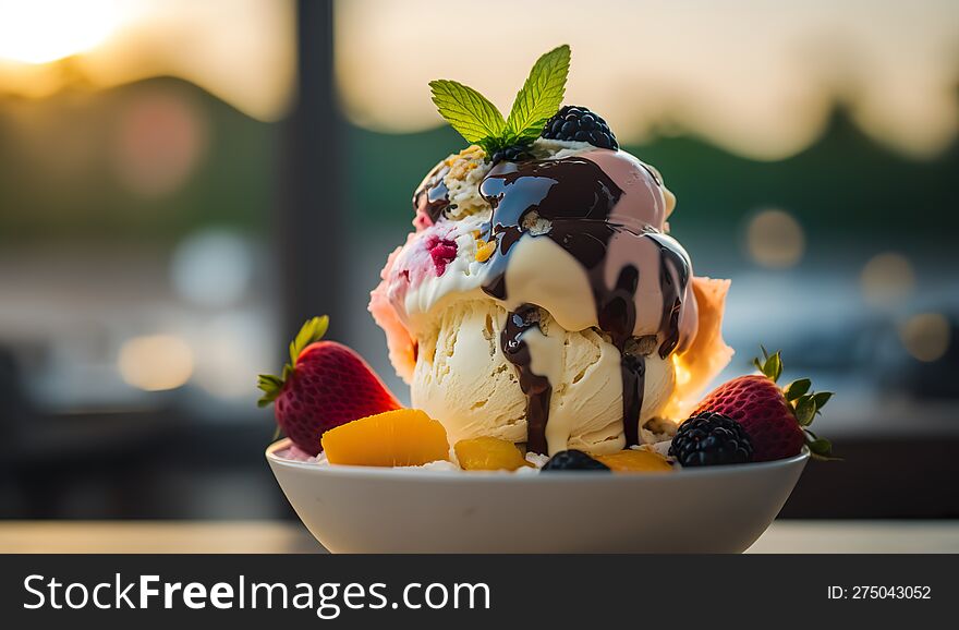 An AI Generated Illustration Of A Luscious Summer Ice Cream Sundae, The Perfect Treat For Warm, Sunlit Days.