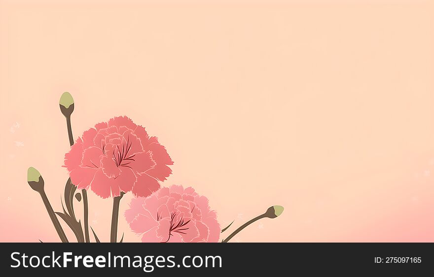 Minimalist Warm Pink Carnation Illustrated Background With Text Copy Space. Flay Lay Style For Mother& X27 S Day, Women& X27 S, Gr