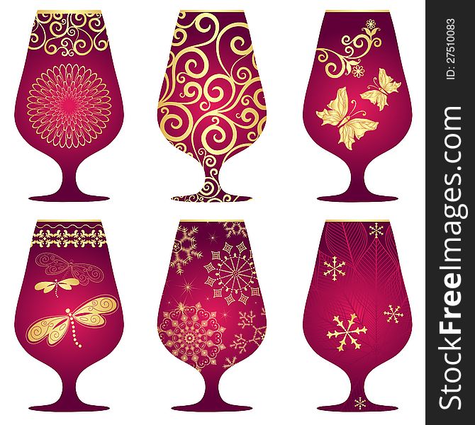 Set of purple Christmas glasses with gold decorative pattern on white (vector)