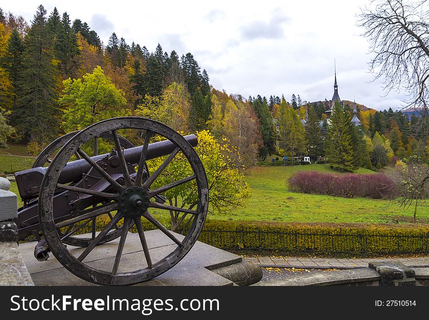 Cannon barrel with a beautiful autumn tree in background. Cannon barrel with a beautiful autumn tree in background